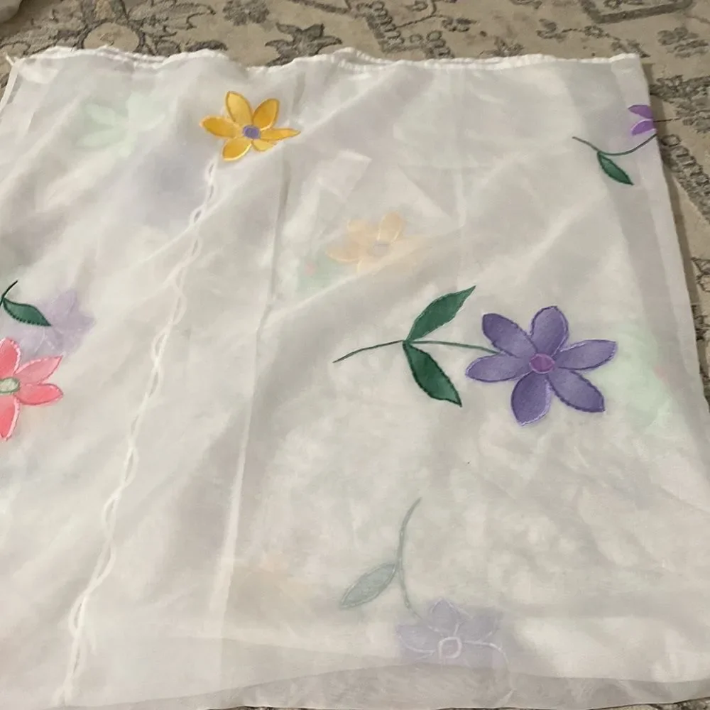 Shower curtain, white background flowers in yellow green purple
